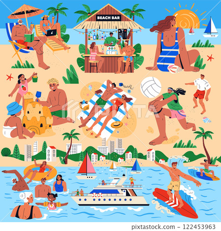 Beach Vacation concept. A lively scene capturing the joy of beach vacation activities in a sunny paradise. Relaxing at the beach bar, building sandcastles, and playing volleyball reflect a vibrant 122453963