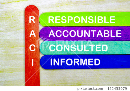 RACI represent Responsible, Accountable, Consulted and informed text on colorful wooden sticks 122453979