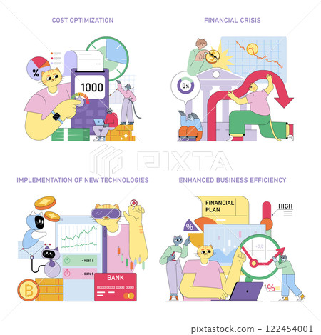 Business strategies in various scenarios are depicted in a colorful vector illustration. It covers cost optimization, financial crises, new technology implementation, and enhanced business efficiency Business strategies in various scenarios are depicted in a colorful vector illustration. It covers cost optimization, financial crises, new technology implementation, and enhanced business efficiency 122454001