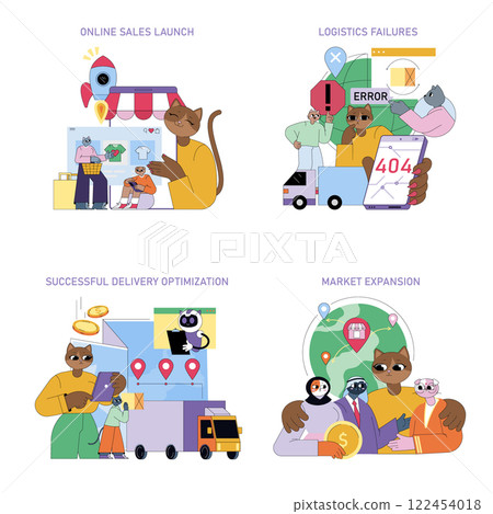 Business growth strategies illustrated through key concepts: online sales launches, logistics failures, delivery optimization, and market expansion. Each aspect emphasizes efficiency and innovations 122454018