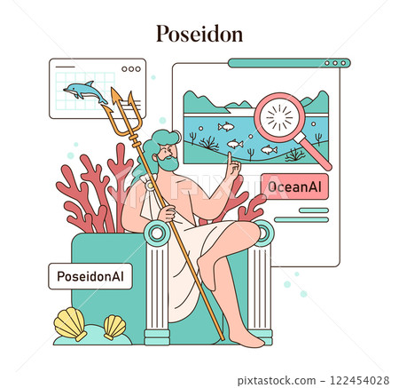 Olympic Gods Synergy AI concept. Poseidon merges with modern technology, analyzing the ocean's health. Marine life conservation through artificial intelligence. Vector illustration. Olympic Gods Synergy AI concept. Poseidon merges with modern technology, analyzing the ocean's health. Marine life conservation through artificial intelligence. Vector illustration. 122454028