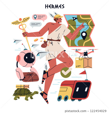 Olympic Gods Synergy AI concept. Hermes integrates modern technology with mythological elements, showcasing AI advancements. Vector illustration. Olympic Gods Synergy AI concept. Hermes integrates modern technology with mythological elements, showcasing AI advancements. Vector illustration. 122454029