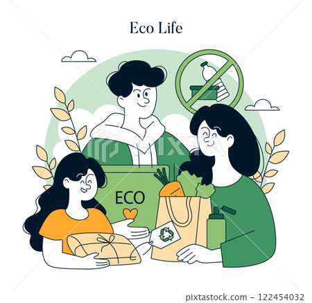 Eco Life concept. A vibrant representation of individuals engaged in sustainable living practices. They hold eco-friendly products, promoting awareness and alternatives to plastic use. A movement for 122454032