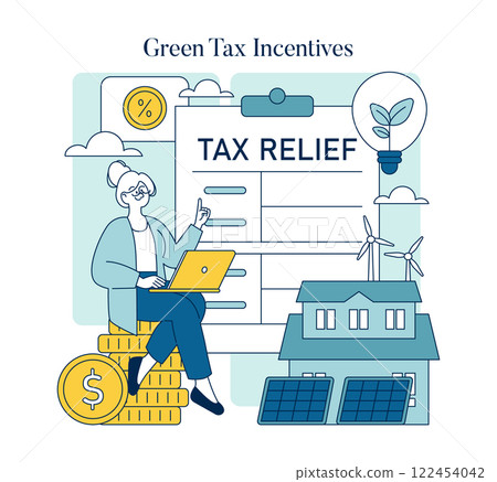 Tax relief concept for eco-friendly initiatives featuring a person with laptop, house with solar panels, and wind turbines. Encourages sustainable living benefits. Vector illustration. Tax relief concept for eco-friendly initiatives featuring a person with laptop, house with solar panels, and wind turbines. Encourages sustainable living benefits. Vector illustration. 122454042