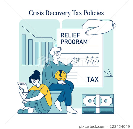 Tax relief concept. Citizens benefit from government support programs during economic downturns. Financial aid, policy measures, economic recovery. Vector illustration. 122454049