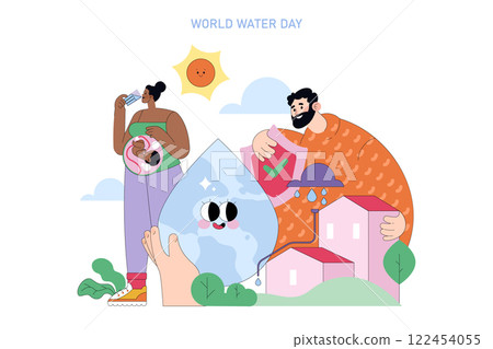 World Water Day illustration. Focus on the importance of water in daily life and community health. Emphasizes water conservation, clean water access, and sustainable practices. Vector illustration. World Water Day illustration. Focus on the importance of water in daily life and community health. Emphasizes water conservation, clean water access, and sustainable practices. Vector illustration. 122454055