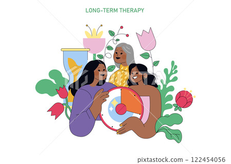 World Bipolar Day illustration. Three diverse women engage in therapy session, promoting mental health awareness with joy. Vector illustration. 122454056