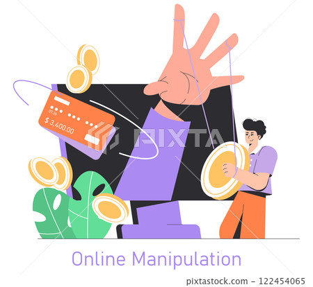 Safety Internet Day concept. Awareness of online fraud and financial manipulation with person, coins, and credit card. Secure online practices concept. Vector illustration. 122454065