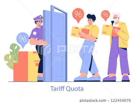 Customs Tariffs concept. Officer monitoring imported goods as consumers face percentages, indicating cost adjustments. Import duty regulations. Vector illustration. Customs Tariffs concept. Officer monitoring imported goods as consumers face percentages, indicating cost adjustments. Import duty regulations. Vector illustration. 122454070