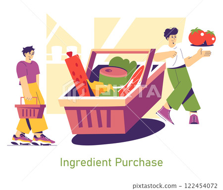 Ingredient Purchase concept. Two people engaging in a joyful shopping experience for pizza ingredients. A basket filled with fresh vegetables and meats highlights the importance of quality Ingredient Purchase concept. Two people engaging in a joyful shopping experience for pizza ingredients. A basket filled with fresh vegetables and meats highlights the importance of quality 122454072