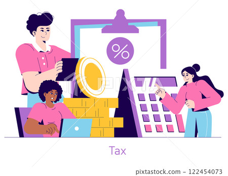 Tax concept. People engaging in financial planning with coins and calculator, managing taxes and savings. Digital finance management tools. Vector illustration. Tax concept. People engaging in financial planning with coins and calculator, managing taxes and savings. Digital finance management tools. Vector illustration. 122454073