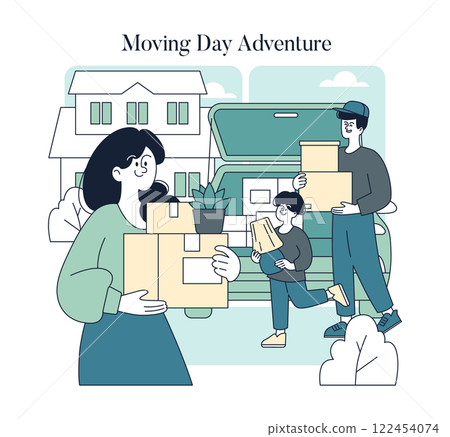 Moving Day Adventure concept. Family loads their belongings into a car outside their home, starting a new chapter. Relocation and family bonding. Vector illustration. 122454074