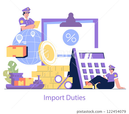 Customs Tariffs concept. International trade and import duties visualization featuring officers, calculator, and cargo ship. Global economy regulation. Vector illustration. Customs Tariffs concept. International trade and import duties visualization featuring officers, calculator, and cargo ship. Global economy regulation. Vector illustration. 122454079