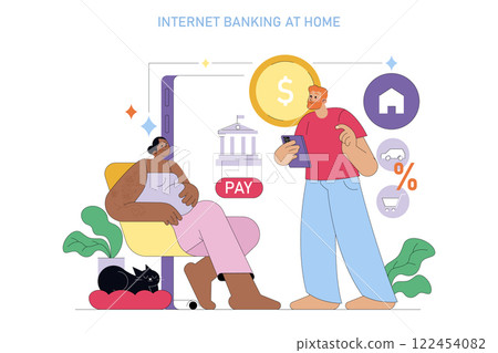 Financial Technologies concept. A couple engages in online banking at home, illustrating the ease of digital transactions and management. Vector illustration. Financial Technologies concept. A couple engages in online banking at home, illustrating the ease of digital transactions and management. Vector illustration. 122454082