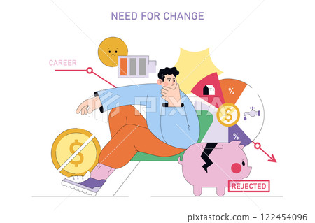 Career Change concept. A person contemplates the need for job transition amidst various life aspects. Work-life balance, financial goals, and personal growth. Vector illustration. 122454096