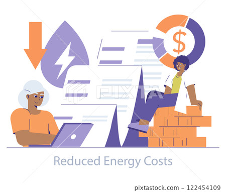 Hydropower concept. Illustration of efficient energy use leading to lower utility expenses with happy individuals. Vector illustration. 122454109