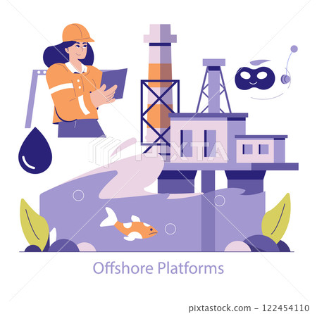Oil and Gas Energy concept. An engineer monitoring offshore drilling operations. Ocean platform extraction with marine life. Vector illustration. 122454110