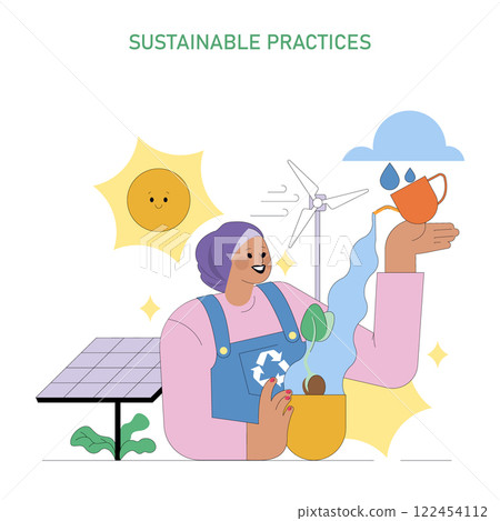 Sustainable Practices concept. An illustration depicting a cheerful person engaging in eco-friendly activities with solar and wind energy. Vector illustration. Sustainable Practices concept. An illustration depicting a cheerful person engaging in eco-friendly activities with solar and wind energy. Vector illustration. 122454112
