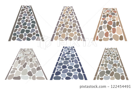 Cobblestone garden roads set, irregular stone texture. Vector sidewalk, old garden gravel path isolated on white background 122454491
