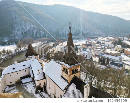 Aerial view of the castle, village and river 122454509