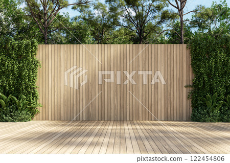 Modern contemporary empty wooden terrace with blank plank wall for copy space 3d render Modern contemporary empty wooden terrace with blank plank wall for copy space 3d render 122454806
