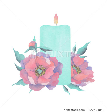 Composition with turquoise candle and delicate peonies. Hand-painted watercolor illustration. Perfect for home decor or gift packaging Composition with turquoise candle and delicate peonies. Hand-painted watercolor illustration. Perfect for home decor or gift packaging 122454840