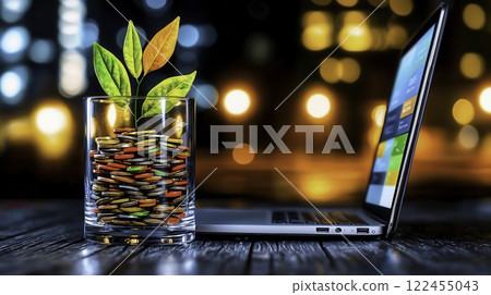 Green Plant Growing from Jar of Coins Next to Laptop at Night 122455043