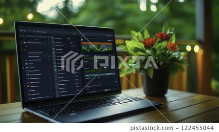Modern Laptop on Table with Green Background and Potted Flowers 122455044