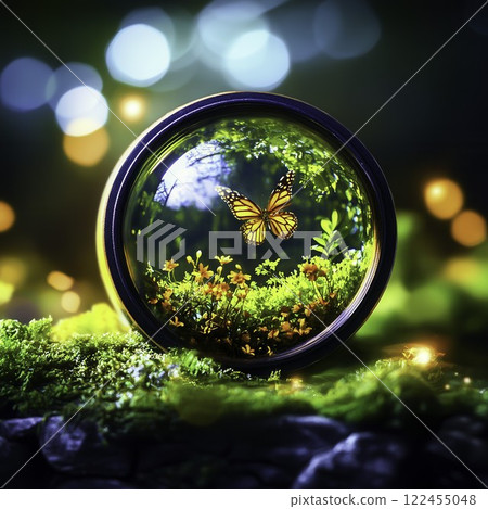 Vibrant Butterfly Encased in Glass Sphere Surrounded by Nature 122455048