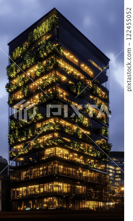 Modern architectural building with green plants and illuminated facade 122455052