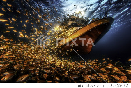 Underwater Scene with Boat and Schools of Golden Fish in Ocean Underwater Scene with Boat and Schools of Golden Fish in Ocean 122455082
