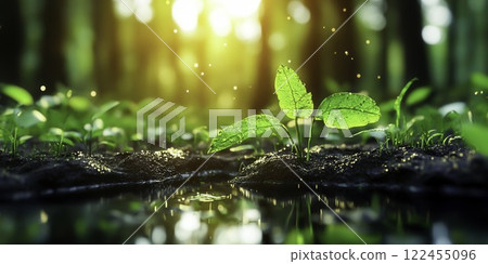 Fresh Green Plants Growing in Soft Earth Near Calm Water Source Fresh Green Plants Growing in Soft Earth Near Calm Water Source 122455096