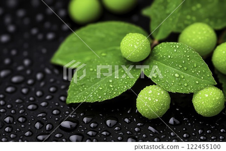Fresh Green Berries with Leaves Covered in Water Drops on Black 122455100