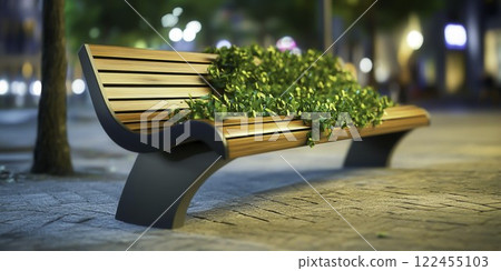 Modern Park Bench with Lush Greenery in Urban Setting at Night 122455103
