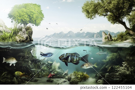 Underwater Ecosystem with Vibrant Fish and Lush Landscape View 122455104