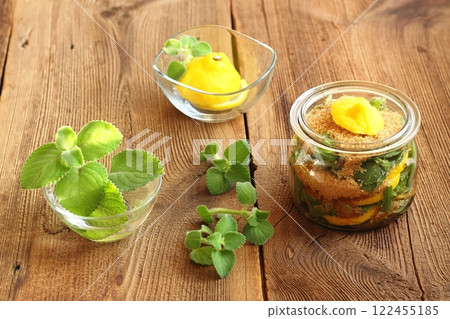 Homemade syrup made from fresh leaves of Plectranthus (Coleus) amboinicus, lemon slices and brown sugar. Homemade syrup made from fresh leaves of Plectranthus (Coleus) amboinicus, lemon slices and brown sugar. 122455185