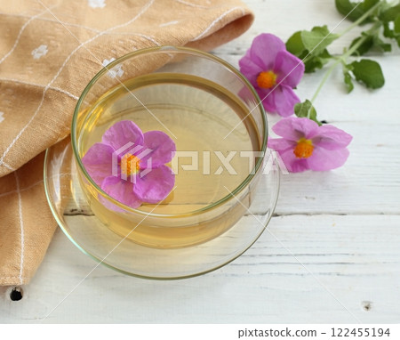 Herbal tea made from Cistus incanus, known as rock rose. Herbal tea made from Cistus incanus, known as rock rose. 122455194