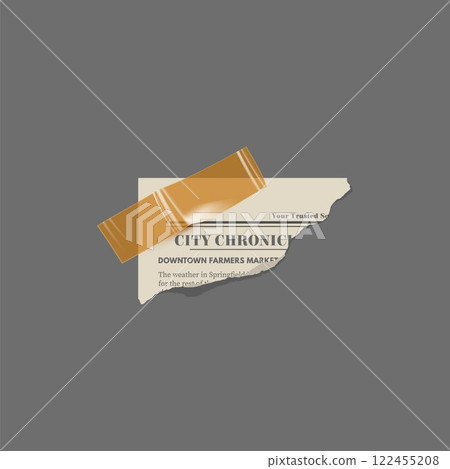 Torn newspaper corner piece glued with adhesive tape, vector clipping sheet, vintage photocopy ripped magazine fragment 122455208