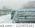 Snow and water droplets on your car windshield. Bad weather in winter. View from inside the car interior 122455241