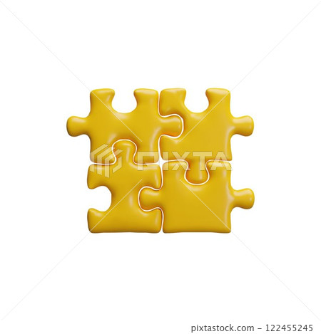 3D yellow jigsaw puzzle pieces connection, assembly part of jigsaw, vector problem solving, success strategy, brainstorm 122455245