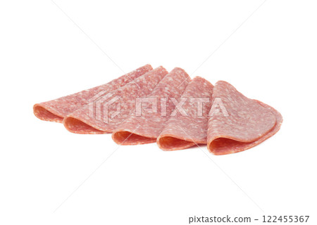 Sausage boiled and smoked Servelat Grainy on a light background. 122455367