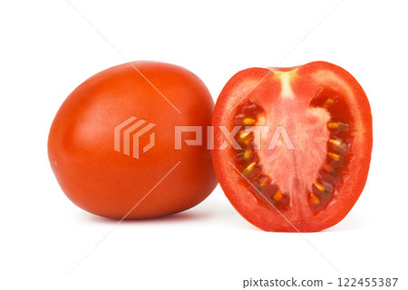 isolated tomato. One and a half fresh tomatoes isolated on white background 122455387