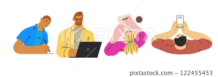 Writing people, modern flat vector concept illustrations set people writing on paper or device. Metaphor for reflection, insight, contemplation, creative expression 122455453