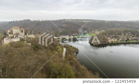 Panoramic view of Cornstejn Castle above The Vranov Reservoir in Znojmo region in South Moravia, Czech Republic, Europe. 122455459