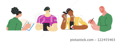 Writing people, modern flat vector concept illustrations set people writing on paper or device. Metaphor for reflection, insight, contemplation, creative expression Writing people, modern flat vector concept illustrations set people writing on paper or device. Metaphor for reflection, insight, contemplation, creative expression 122455463