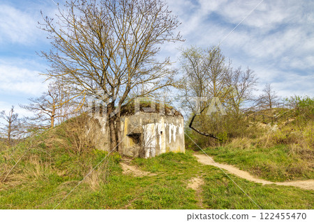 Historic concrete bunker fortification in South Moravian Region near Znojmo town in Czech Republic, Europe. 122455470