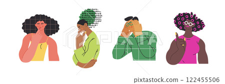 Thinking people, modern flat vector concept illustrations set- people standing thoughtfully. Metaphor for reflection, analysis, introspection, contemplation, deep thought 122455506