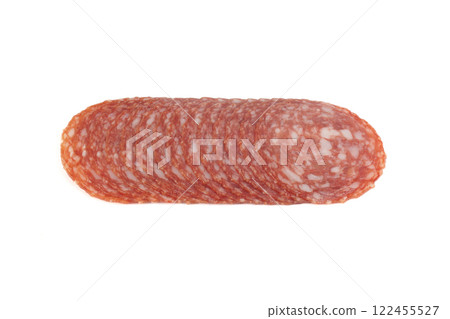 smoked sausage slices. Isolated on white background. Close-up. smoked sausage slices. Isolated on white background. Close-up. 122455527