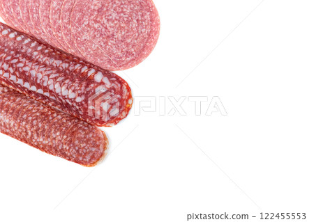 Salami smoked sausage, isolated on white background. 122455553