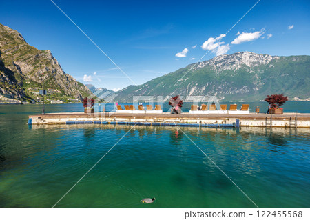 Lake Garda with mountains in background, view from Limone Sul Garda town, Italy, Europe. Lake Garda with mountains in background, view from Limone Sul Garda town, Italy, Europe. 122455568